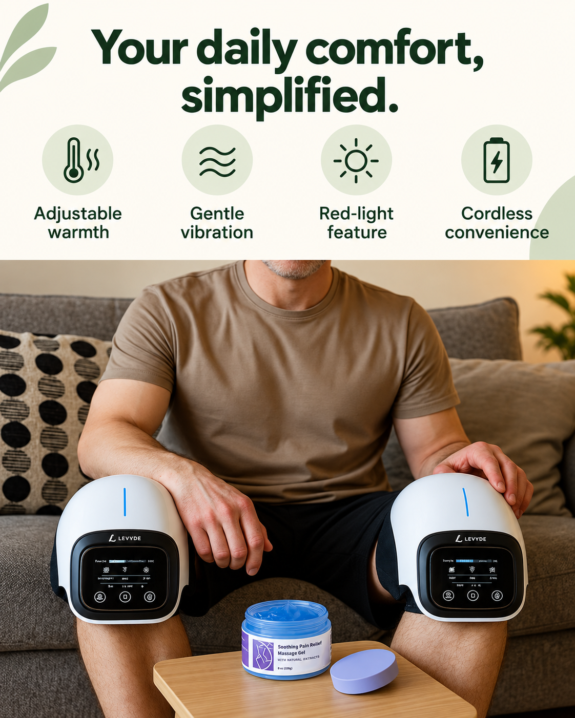 A seated demonstration of the knee devices, with adjustable warmth, vibration, red light and cordless convenience